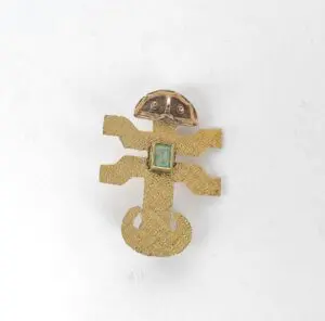 18k Yellow Gold Incan Mayan Aztec Emerald Tumi Style Fertility Brooch Pendant