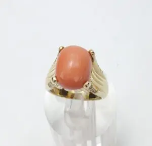 18k Yellow Gold Natural Diamond Coral Cocktail Estate Dinner Ring 5.5''