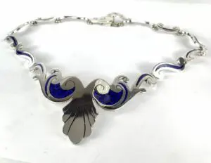 925 Mexico Sterling Silver Large Segmented Blue Inlay Bird Plume Necklace 16.5''