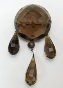 Vintage Costume Jewelry Smoky Quartz Checkerboard Briolette Pin Brooch with Case