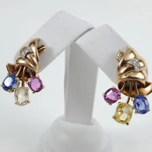 Vintage Retro 14k Rose Gold 11.86ctw Unheated Sapphire Diamond Clip On Earrings
