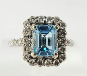 14k White Gold 3.55ctw 2.14ct Blue Topaz 1.41ct D/VS Diamond Cluster Halo Ring