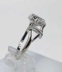 Silver ring with intricate diamond setting.