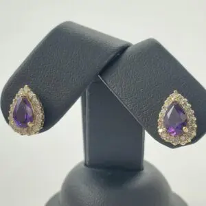 14k Yellow Gold 1.60ctw Pear Shape Amethyst Diamond Halo Stud Earrings