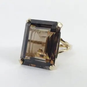 14k Yellow Gold 20ctw Emerald Cut Smoky Quartz Solitaire Cocktail Ring 7.75''
