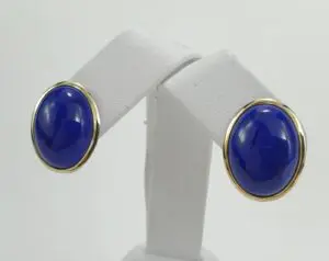 Gold-rimmed earrings with blue stones.