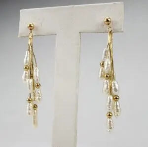 14k Yellow Gold Baroque Pearl Tassel Drop Dangle Hanging Earrings 2 1/4''