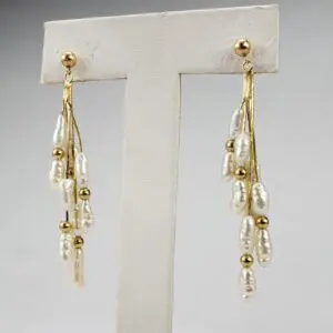 14k Yellow Gold Baroque Pearl Tassel Drop Dangle Hanging Earrings 2 1/4''