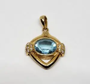 18k 750 Yellow Gold 4.00ct Blue Topaz Diamond Drop Charm Pendant