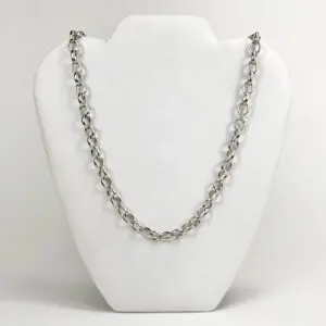 Silver chain necklace on display stand.