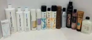 Hair care products arranged in a row.