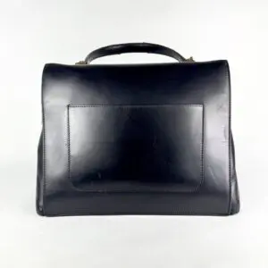 Black leather handbag with top handle.