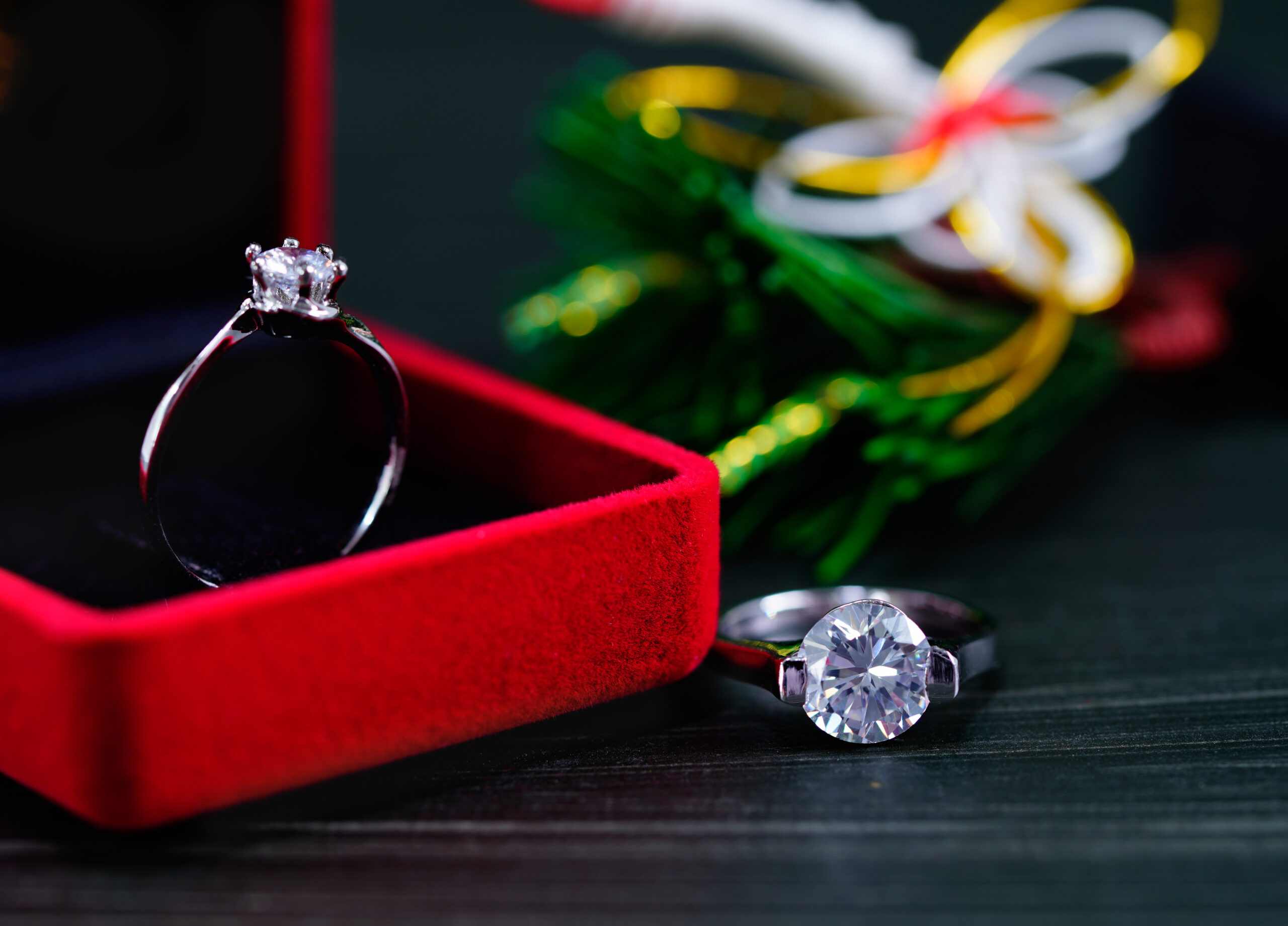 Close up diamond ring in red jewel box