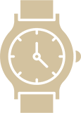 Illustration of a beige analog wristwatch showing 10:10 with a simple round face and minimal markings.