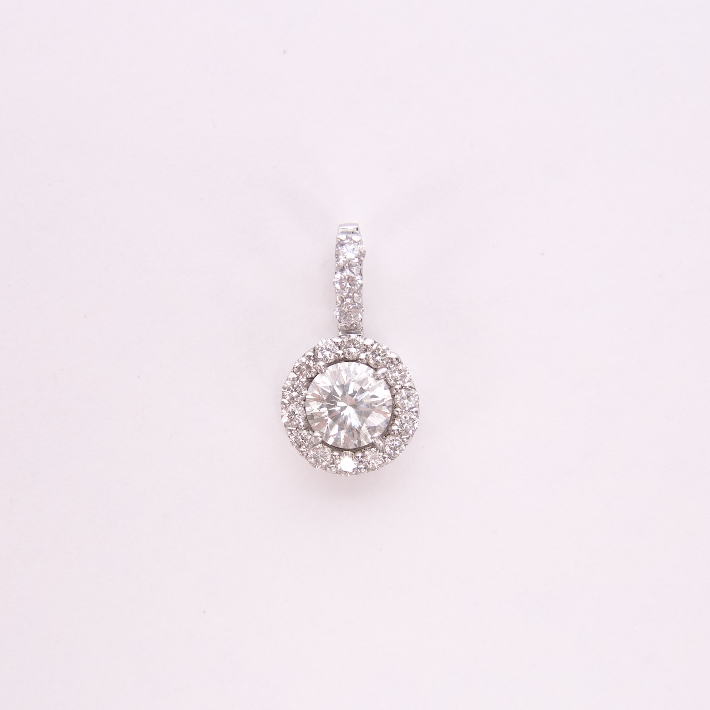 18k White Gold Round Brilliant Natural Diamond Halo Drop Pendant