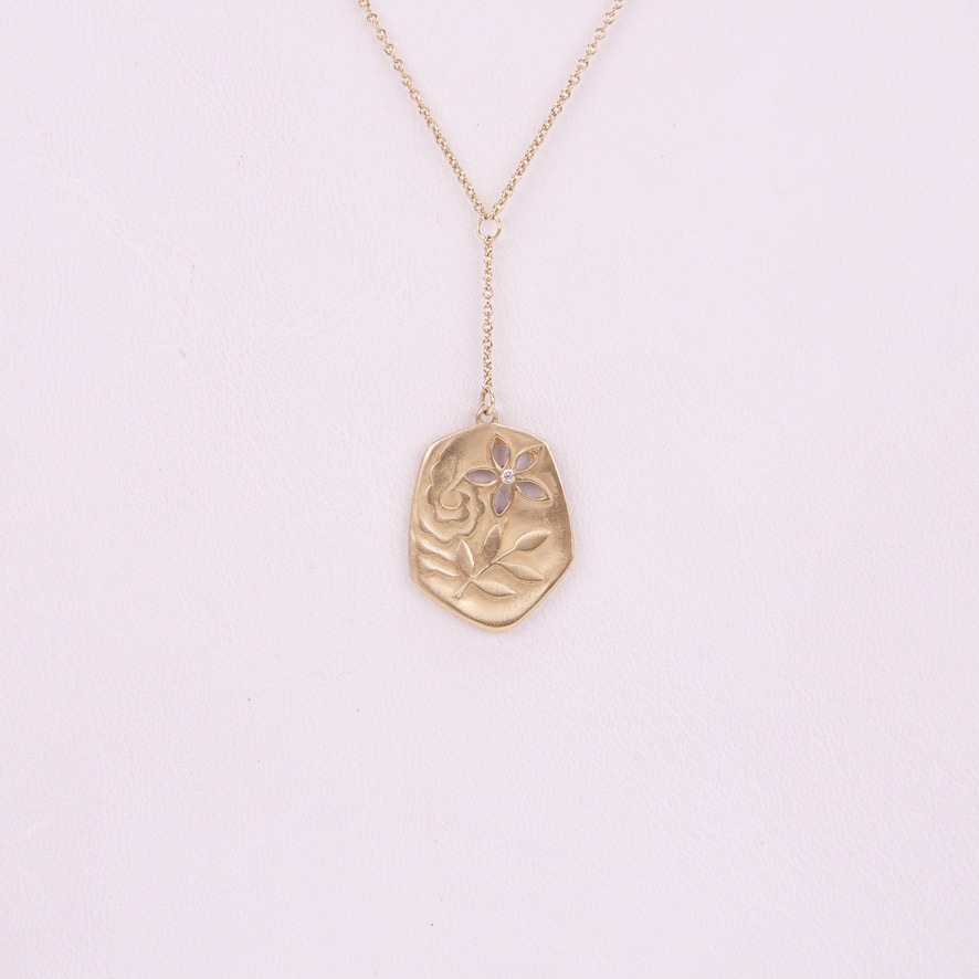 Jeanine Payre 18k Yellow Gold Diamond Floral Rilke Quote Drop Pendant Necklace - Image 3