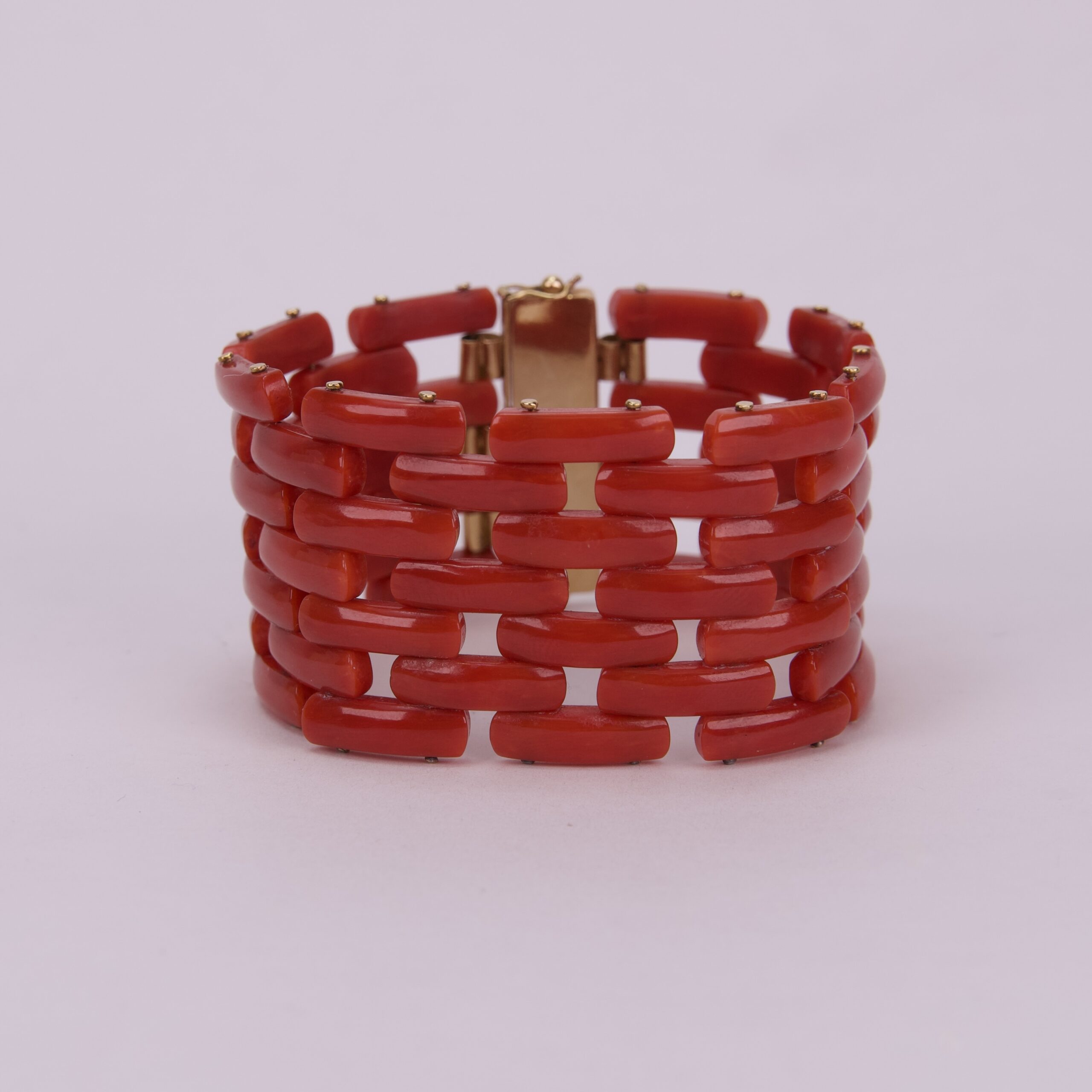 Vintage 18k Yellow Gold Red Coral Wide Tank Link Bracelet 7.5'' - Image 4