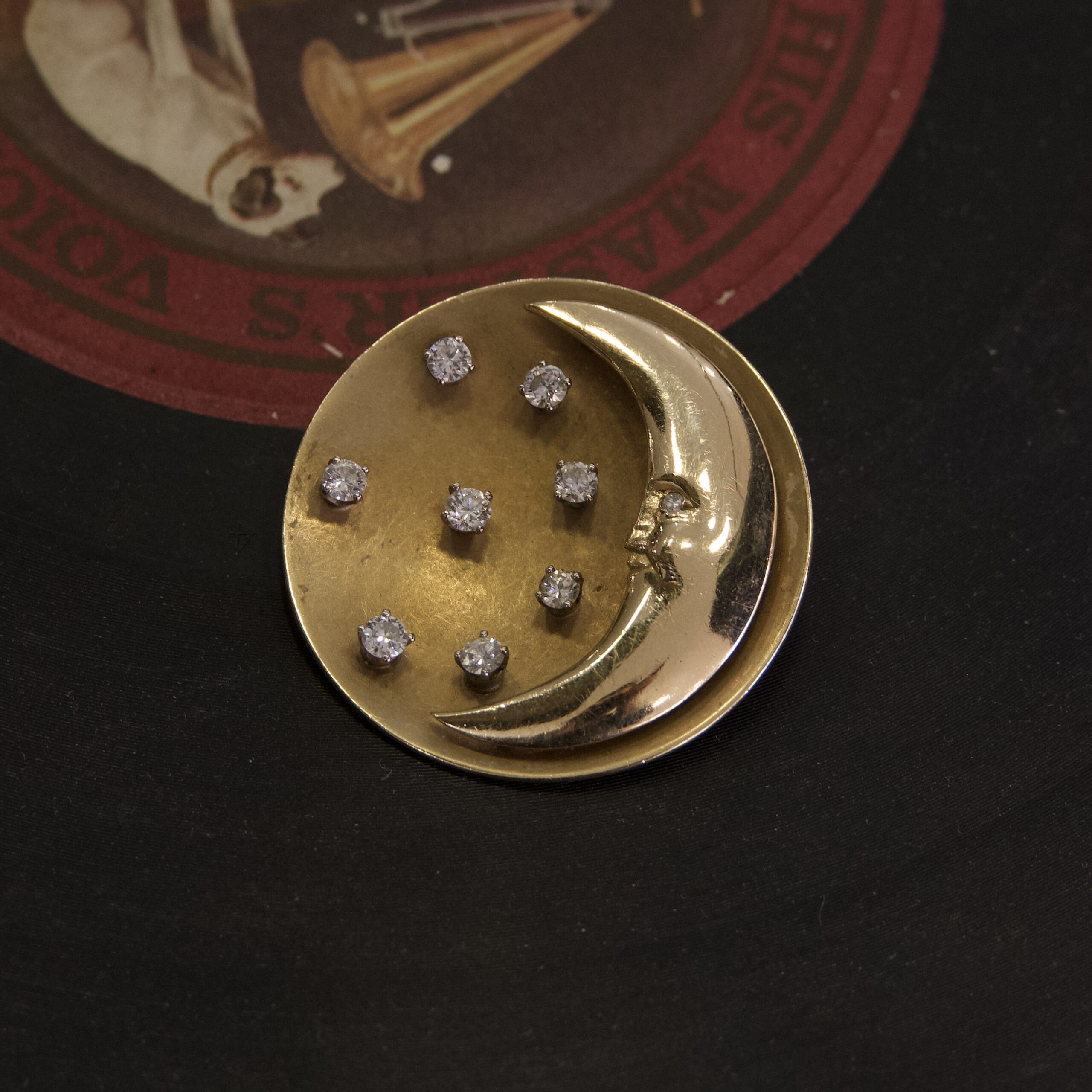 Vintage 14k Yellow Gold Moon and Diamond Stars Pendant Brooch 1.5'' - Image 2