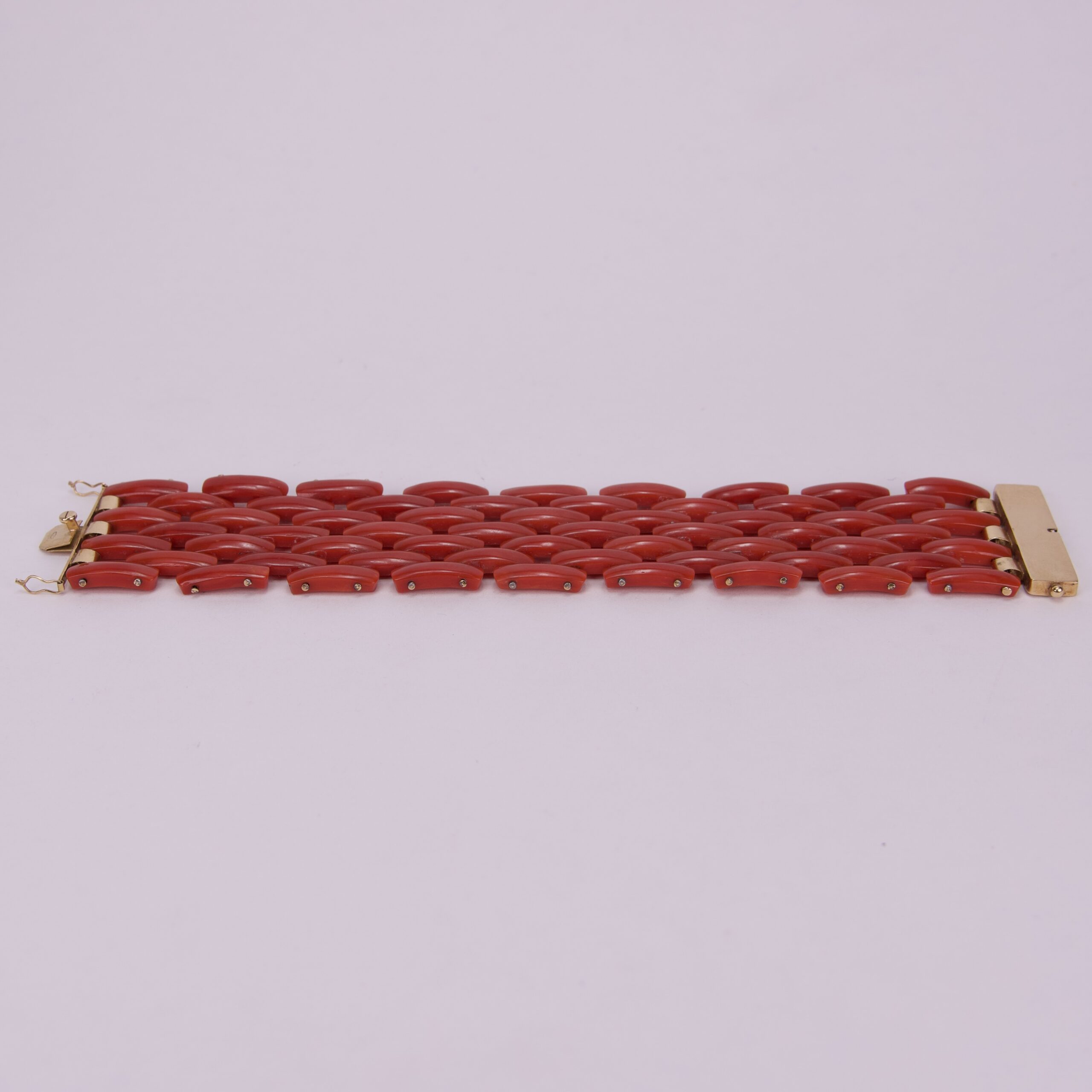 Vintage 18k Yellow Gold Red Coral Wide Tank Link Bracelet 7.5'' - Image 7