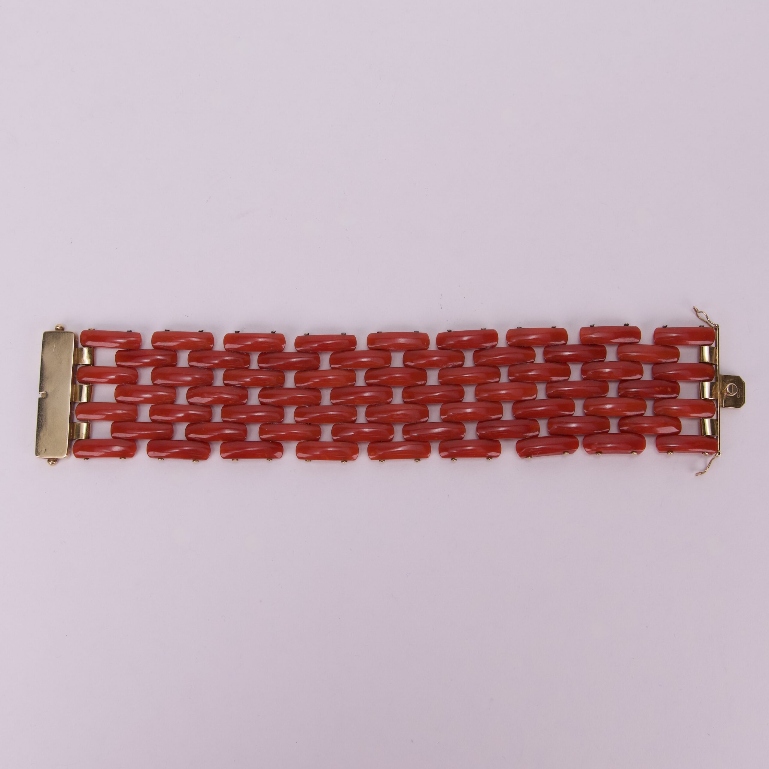Vintage 18k Yellow Gold Red Coral Wide Tank Link Bracelet 7.5'' - Image 2