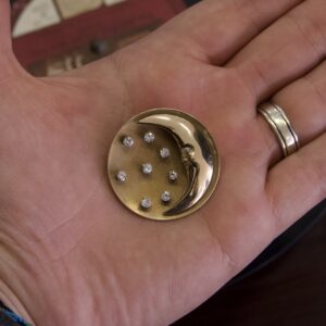 Vintage 14k Yellow Gold Moon and Diamond Stars Pendant Brooch 1.5''