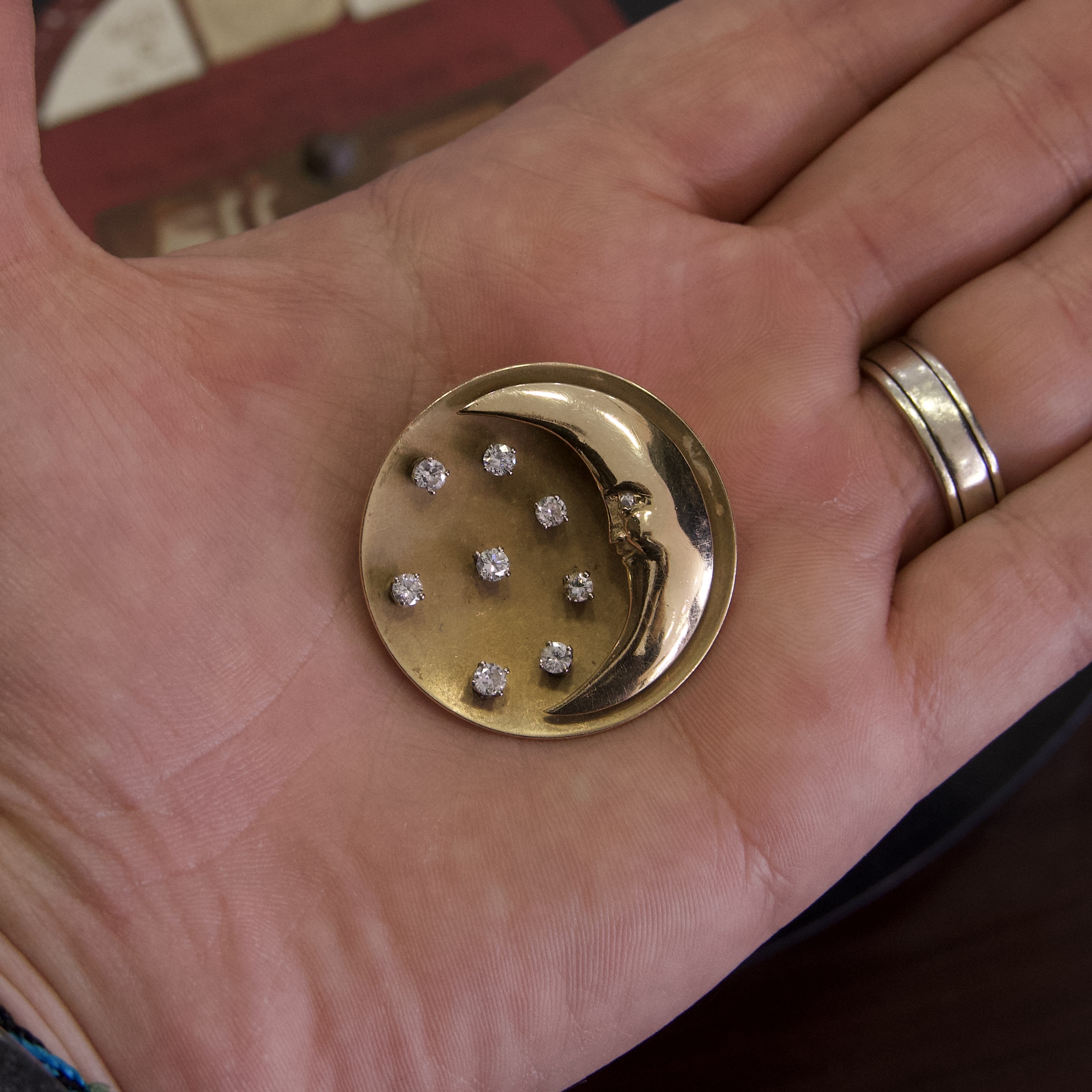 Vintage 14k Yellow Gold Moon and Diamond Stars Pendant Brooch 1.5''