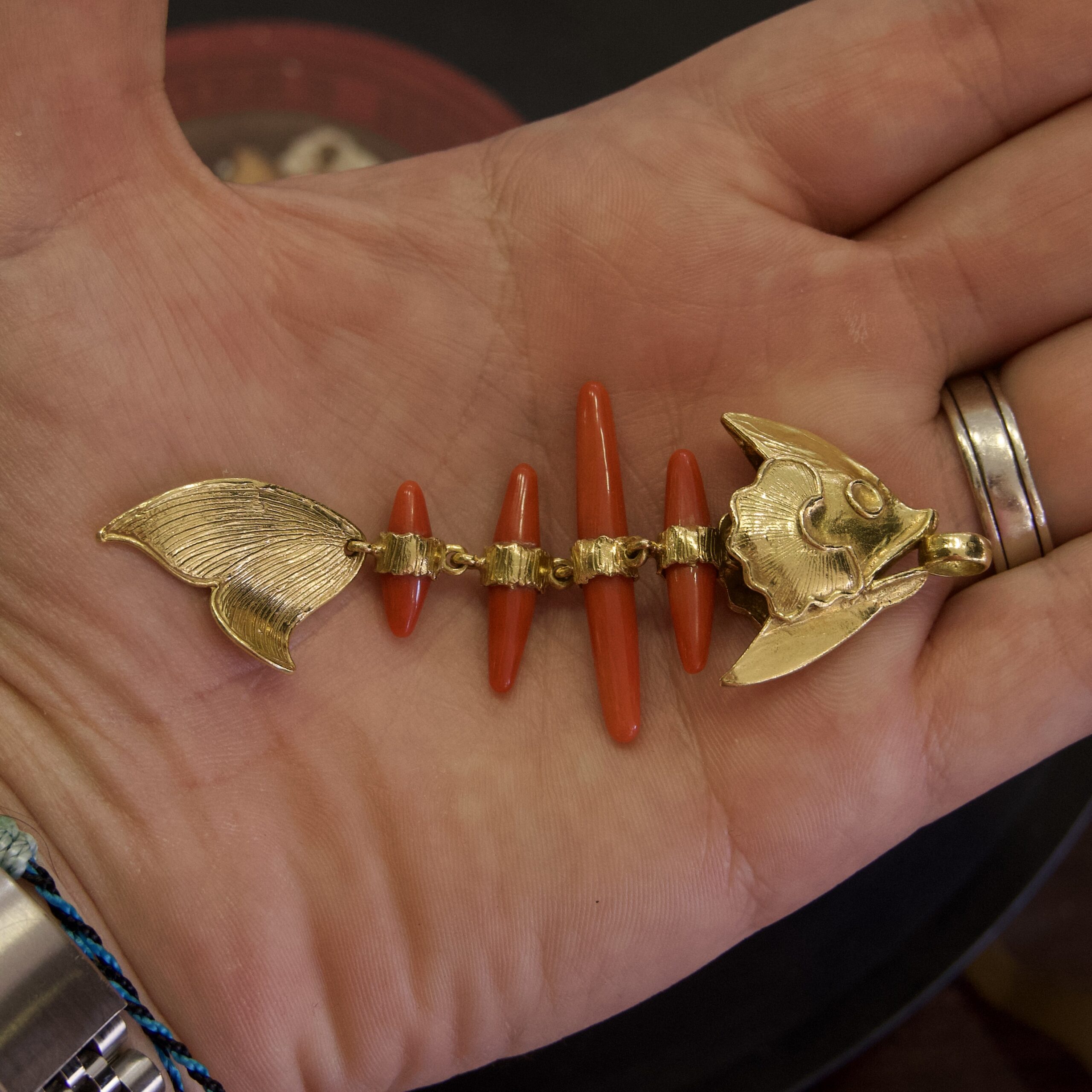 Vintage 18k Yellow Gold Red Coral Skeleton Fish Pendant 3.5'' - Image 2