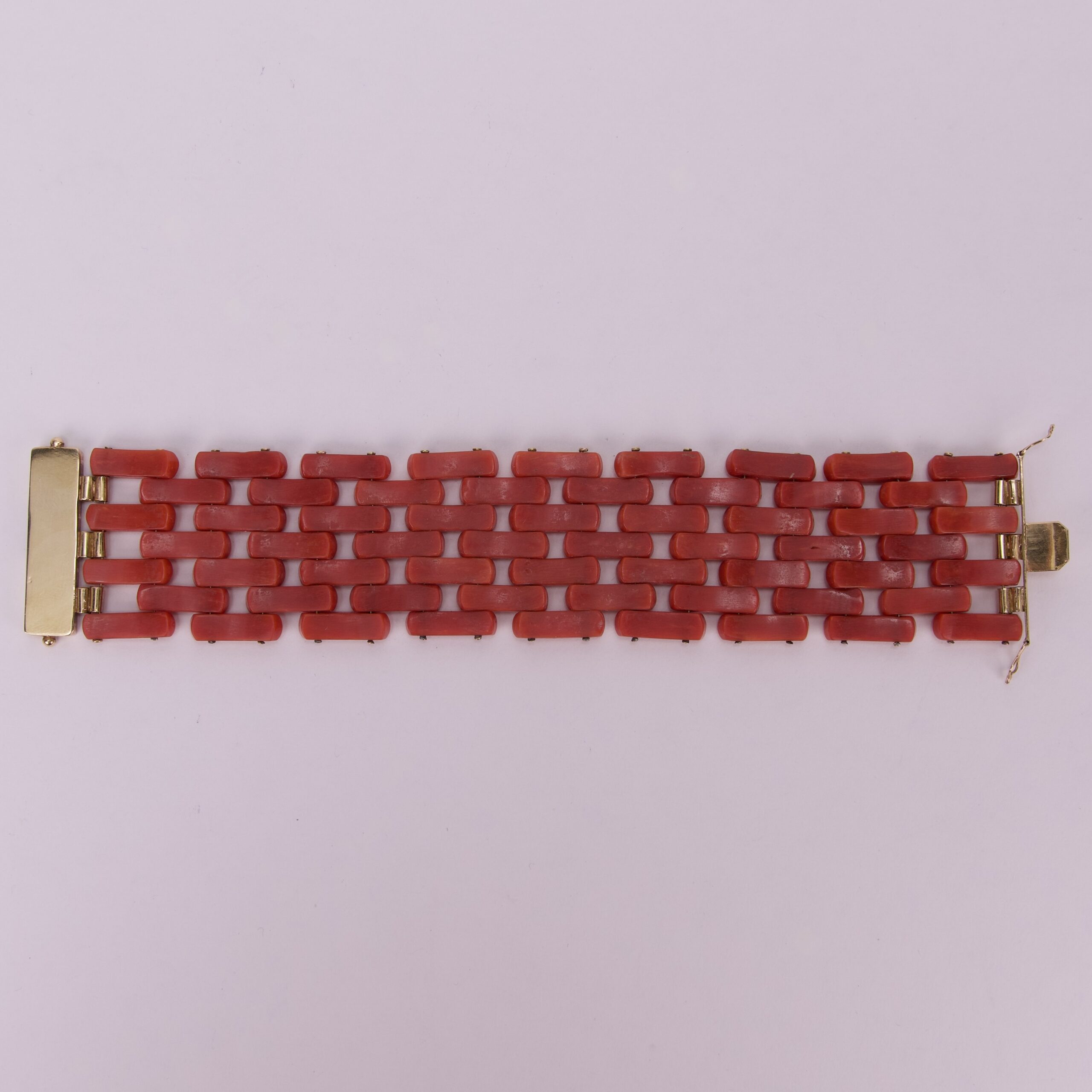 Vintage 18k Yellow Gold Red Coral Wide Tank Link Bracelet 7.5'' - Image 3