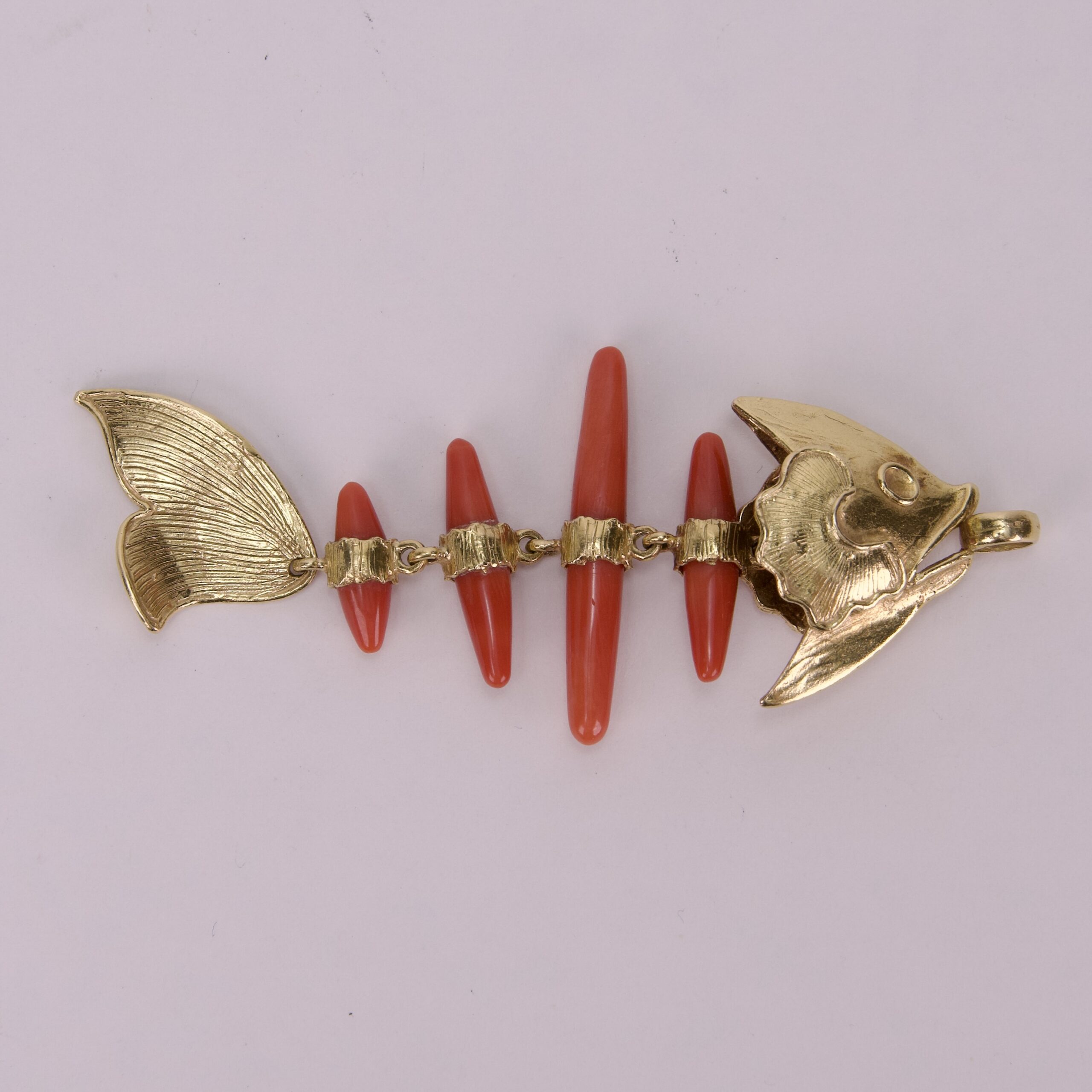 Vintage 18k Yellow Gold Red Coral Skeleton Fish Pendant 3.5'' - Image 3