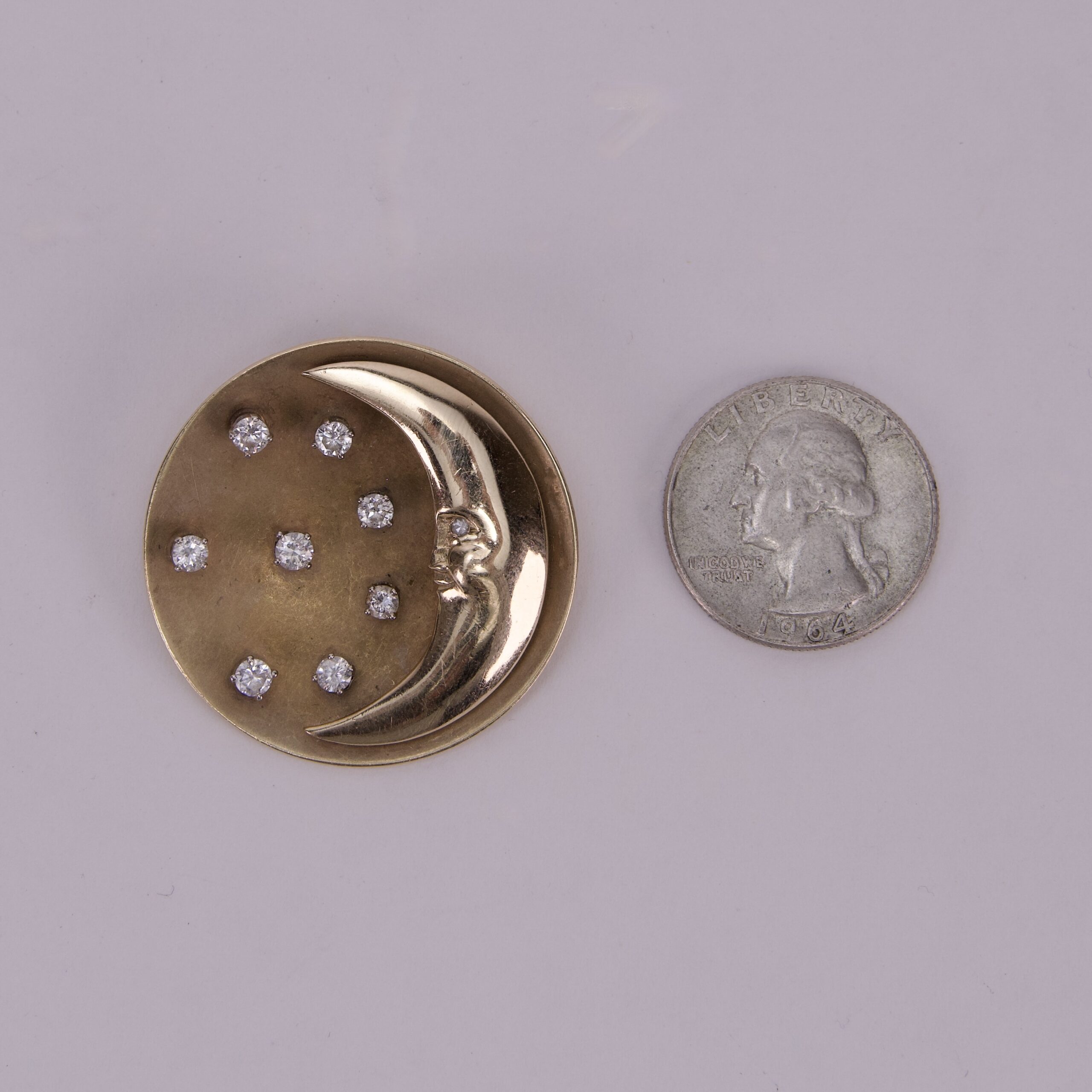 Vintage 14k Yellow Gold Moon and Diamond Stars Pendant Brooch 1.5'' - Image 8