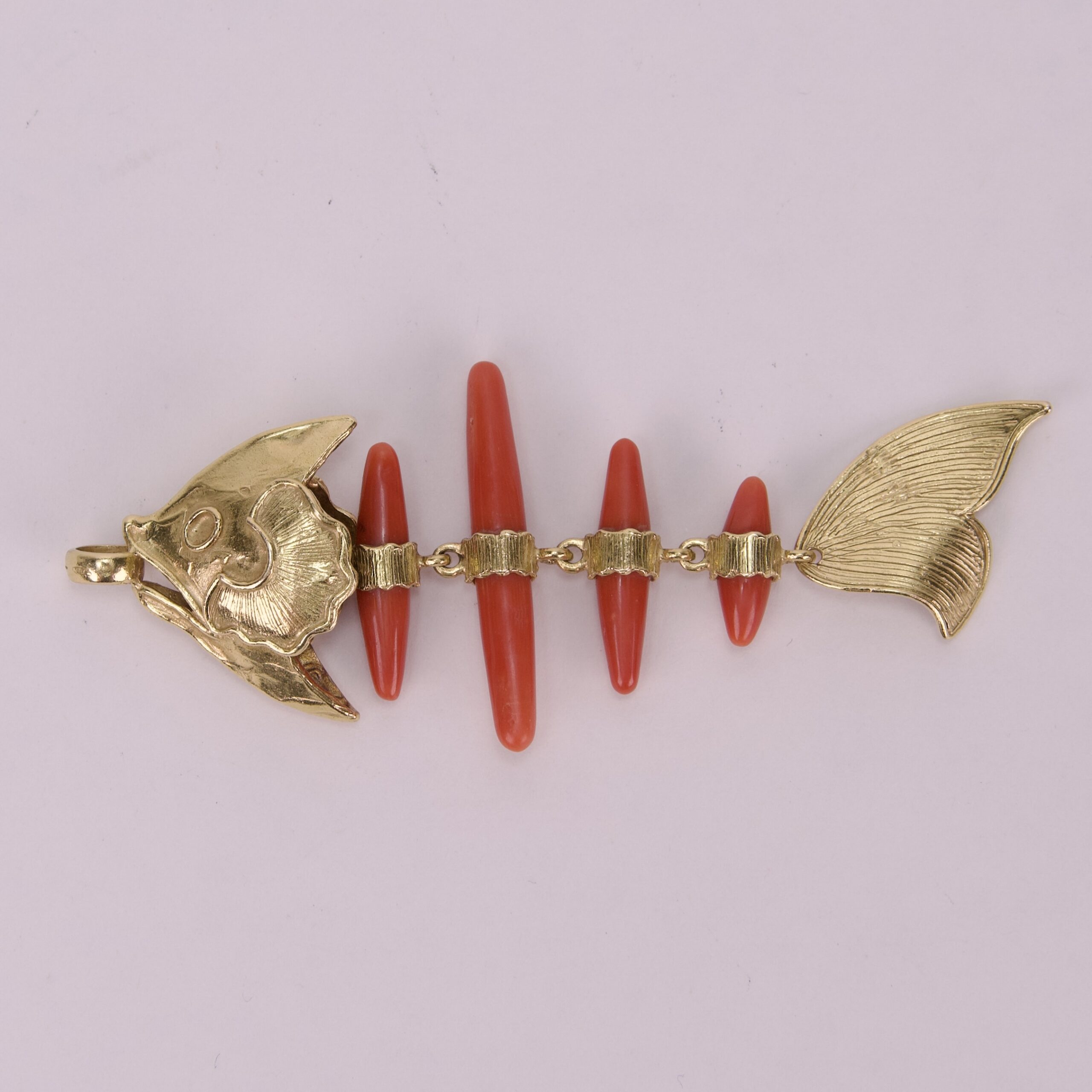 Vintage 18k Yellow Gold Red Coral Skeleton Fish Pendant 3.5'' - Image 4