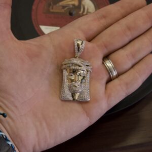 14k Yellow Gold & Natural Diamond Catholic Christian Jesus Head Pendant 2''