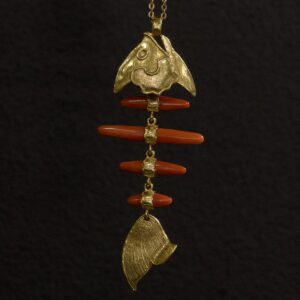 Vintage 18k Yellow Gold Red Coral Skeleton Fish Pendant 3.5''