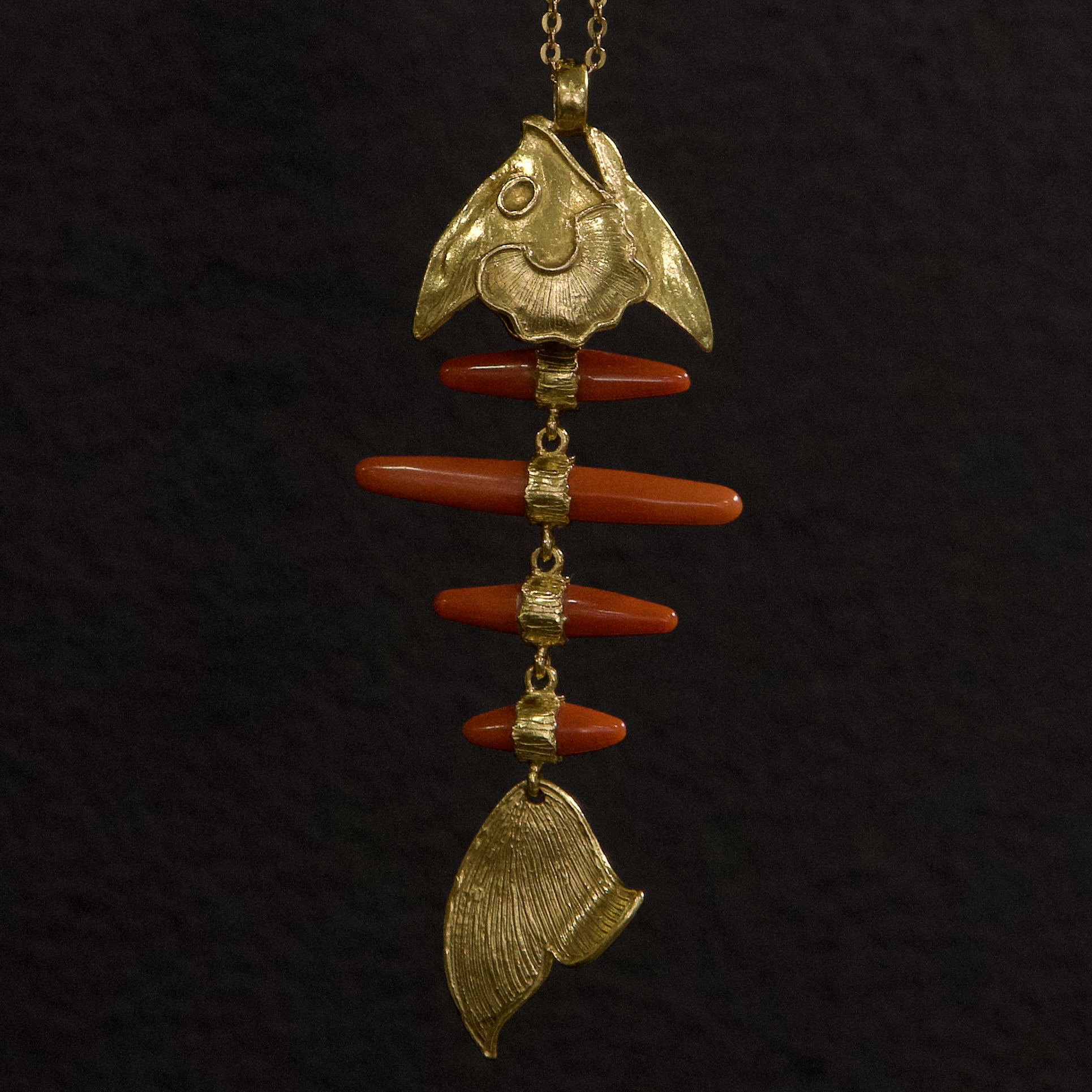 Vintage 18k Yellow Gold Red Coral Skeleton Fish Pendant 3.5''