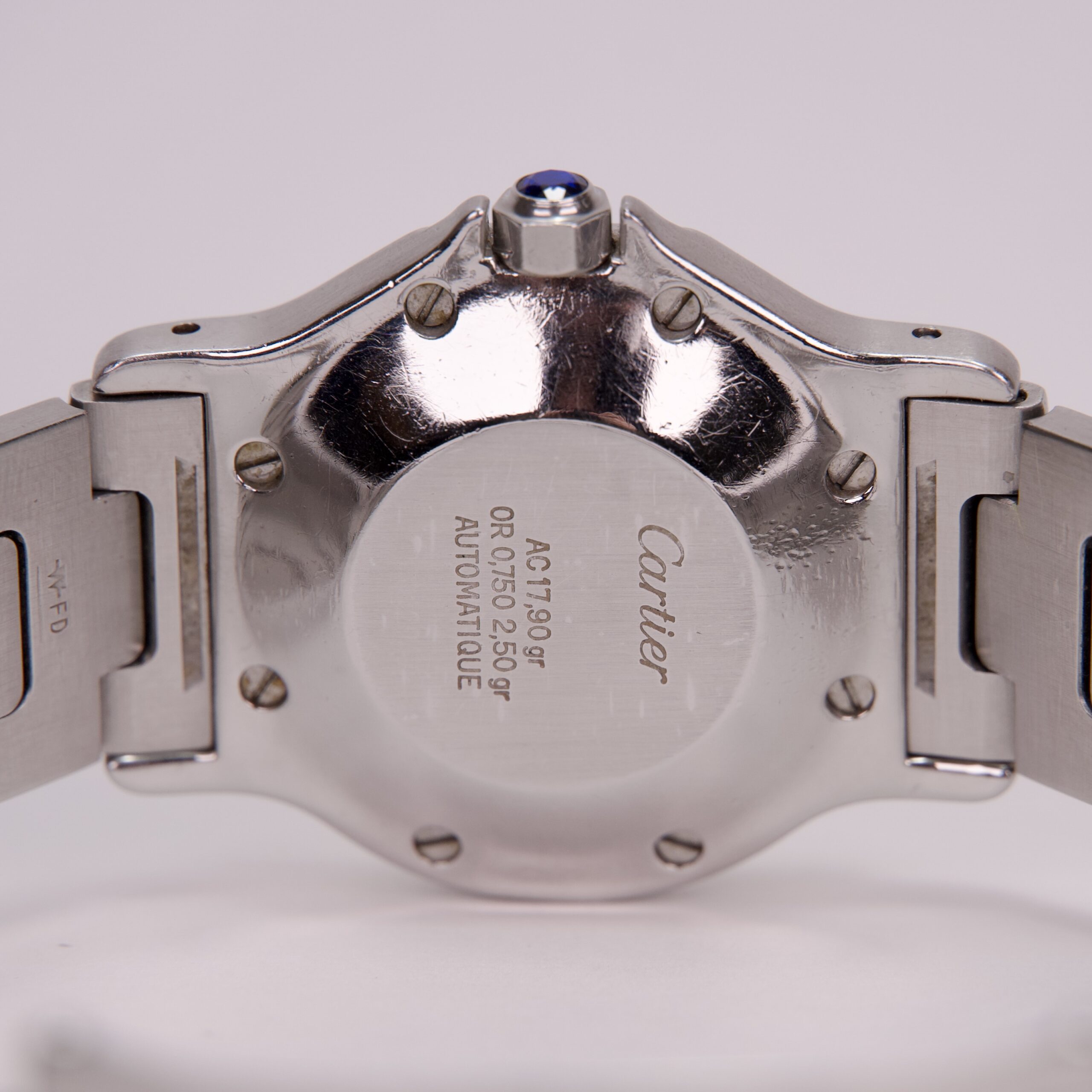 Back of a silver luxury wristwatch.