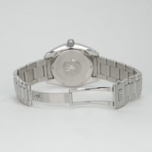 Silver watch with metal bracelet, rear view.