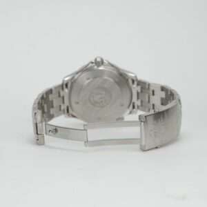 Silver wristwatch with open clasp.
