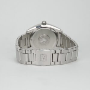 Silver watch with metal link bracelet.