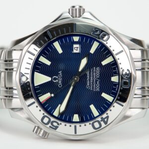 Silver wristwatch with blue face and numbers.