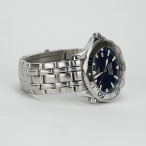 Silver wristwatch with a blue dial.