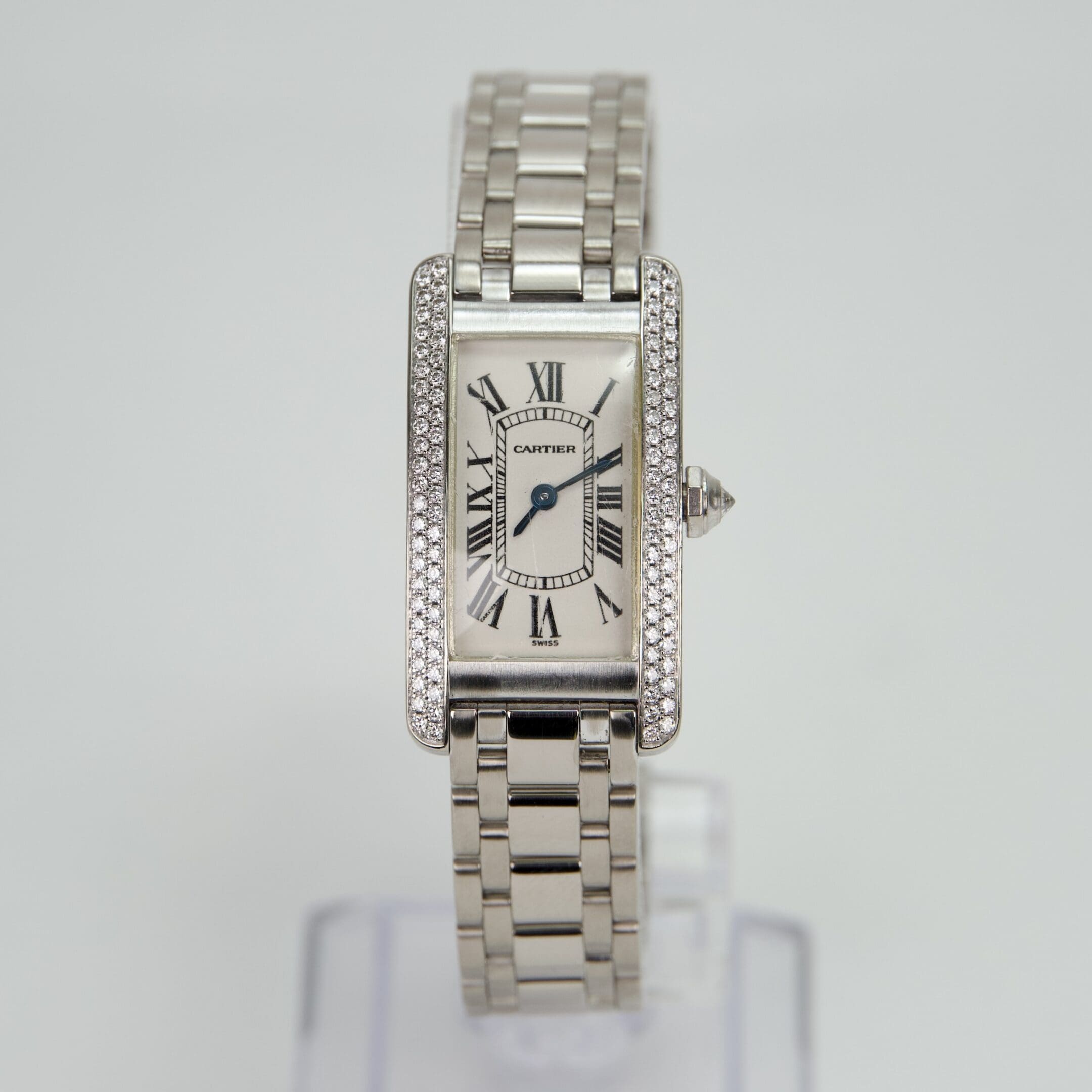Cartier 18k White Gold Tank Americaine Diamond Case 19mm Quartz Watch 1713