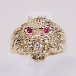 10k Yellow Gold .28ctw .18ct Natural Diamond Ruby Mens Lion Head Ring