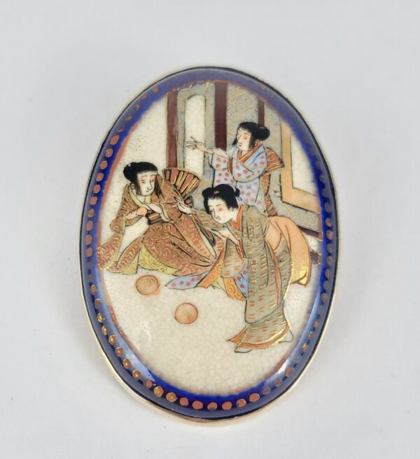 10k Yellow Gold Satsuma Oval Japanese Charm Pin Brooch Pendant 1 7/8''