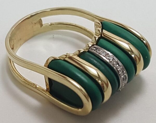 14k Two Tone White & Yellow Gold Unique Malachite Diamond Ring Size 8.75 - Image 4