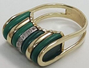 14k Two Tone White & Yellow Gold Unique Malachite Diamond Ring Size 8.75