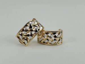 14k Two Tone Yellow White Gold Basket Weave Woven Leverback Earrings 3/4''