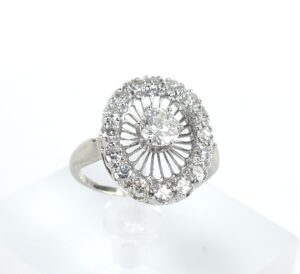 14k White Gold .90ctw Old European Single Cut Halo Diamond Oval Cocktail Ring