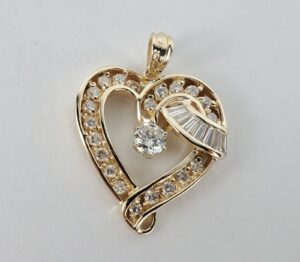 14k Yellow Gold 1.95ctw Round Baguette Diamond Large Heart Drop Pendant 1 3/8