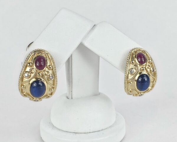 14k Yellow Gold 8.07ctw Cabochon Ruby Blue Sapphire Diamond Leverback Earrings - Image 3