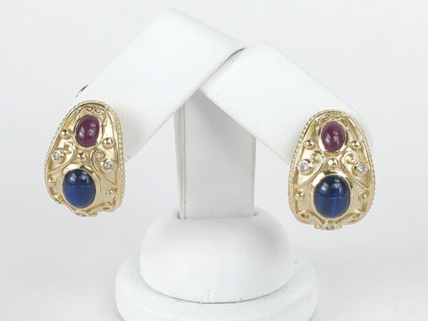 14k Yellow Gold 8.07ctw Cabochon Ruby Blue Sapphire Diamond Leverback Earrings - Image 4